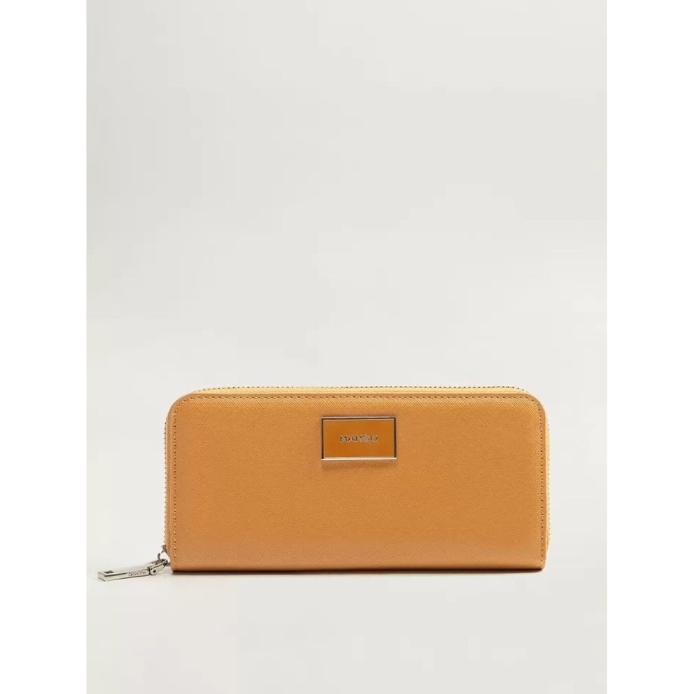 Mango Wallet Zip Around Saffiano Faux Leather Mustard Yellow Women OS
